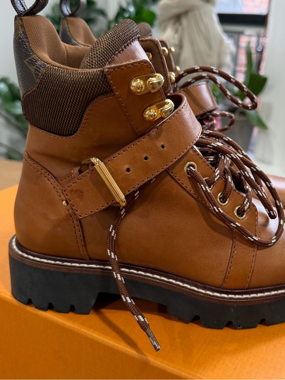 Louis Vuitton Brown Leather Lug-Sole Women's Ankle Boots with Gold Hardware